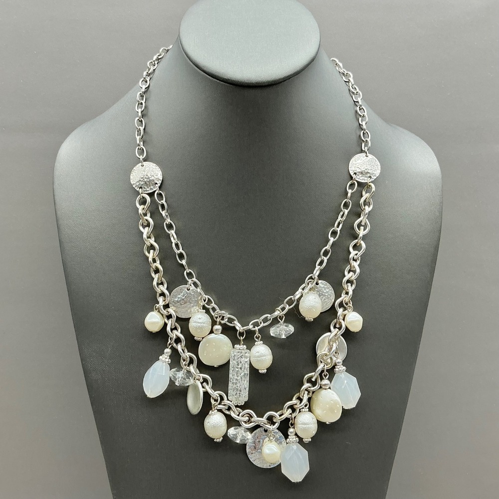 Chico's Necklace Womens Silver Tone Beaded Multi Strand Faux Pearl 22-26 Inches